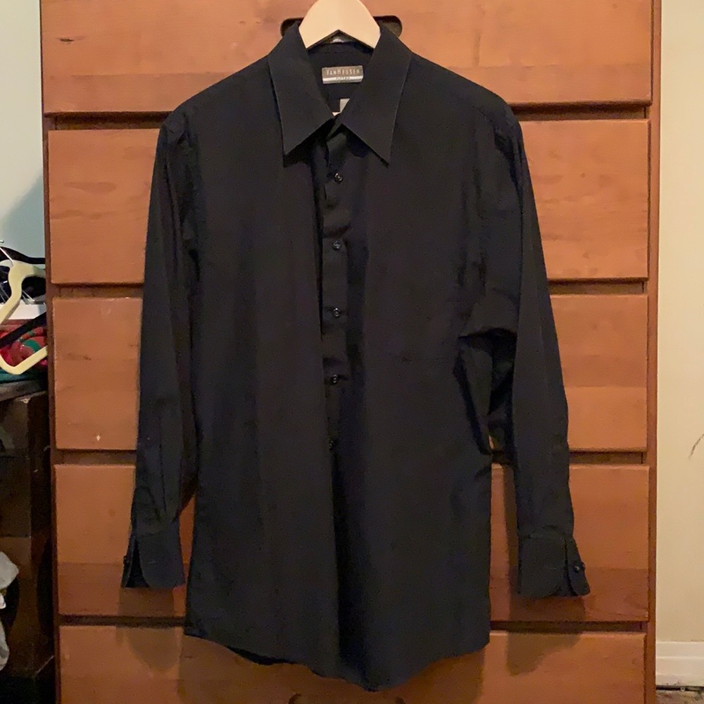 Van Heusen black fitted dress shirt **wrinkle free** polyester and cotton blend
